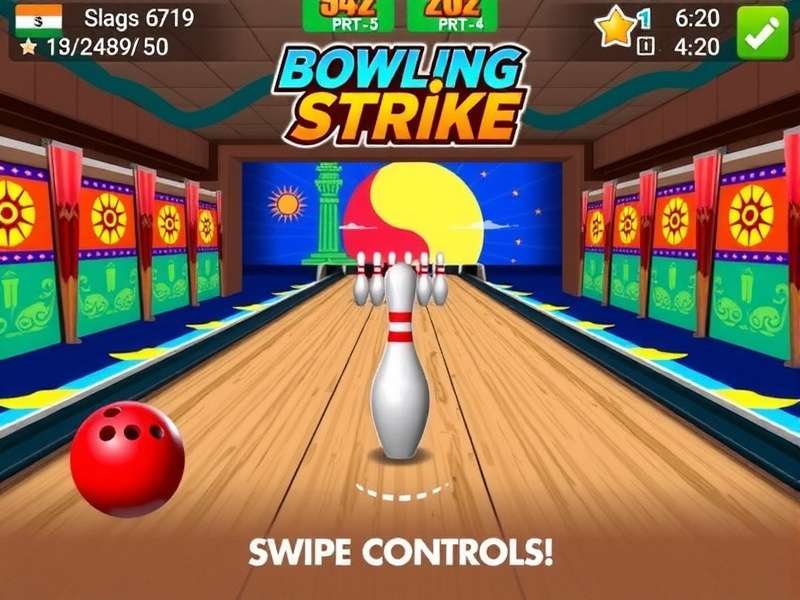 Bowling Strike Gameplay Bowling Strike gameplay showing swipe controls and Indian-themed bowling alley
